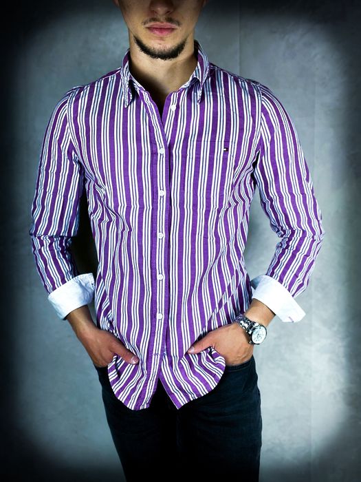 «Tommy Hilfiger» Męska Koszula Fioletowa Biała w Paski / S