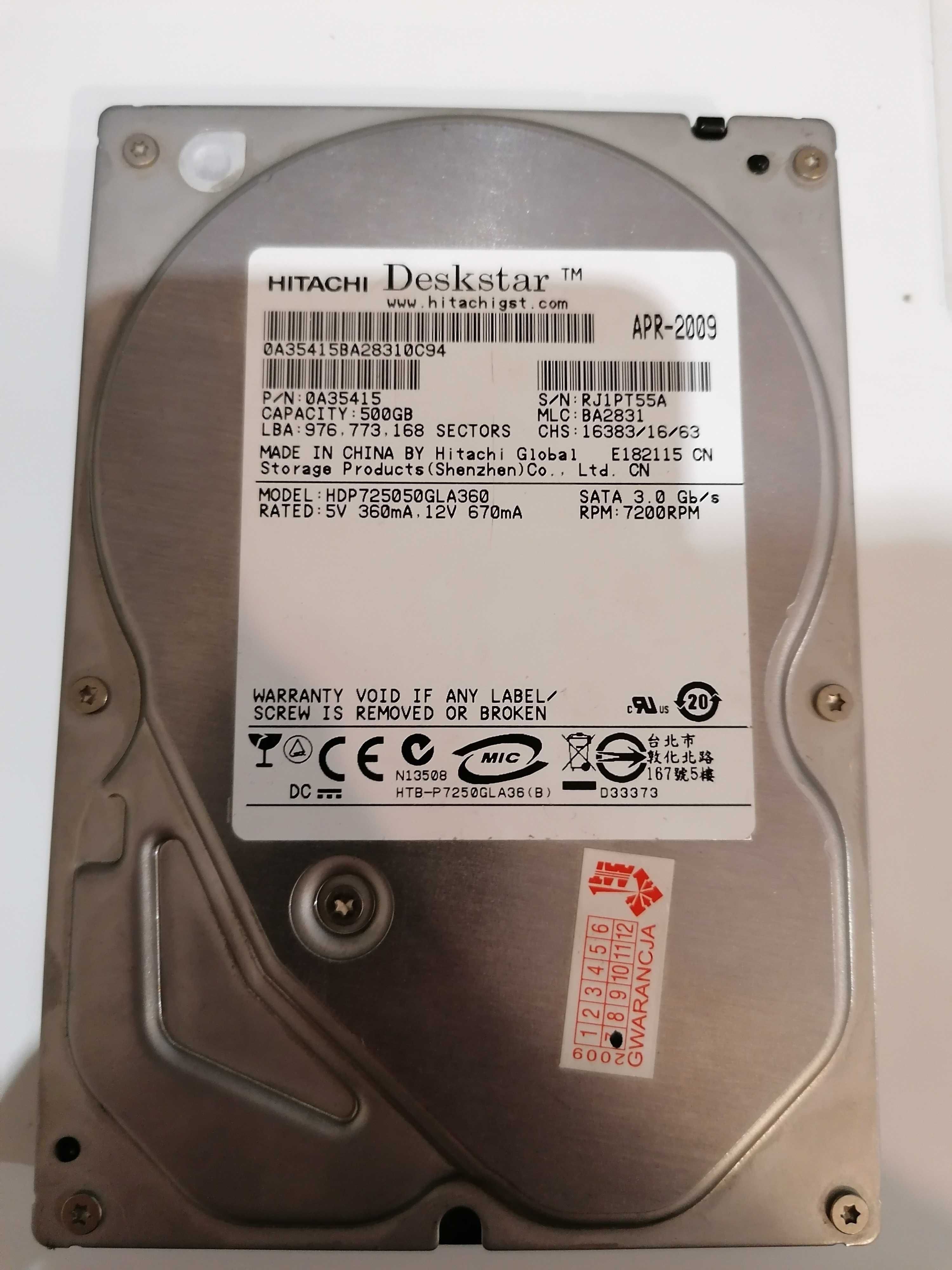 Dysk twardy HDD 3,5" Hitachi Deskstar 500MB HDP725050GLA360