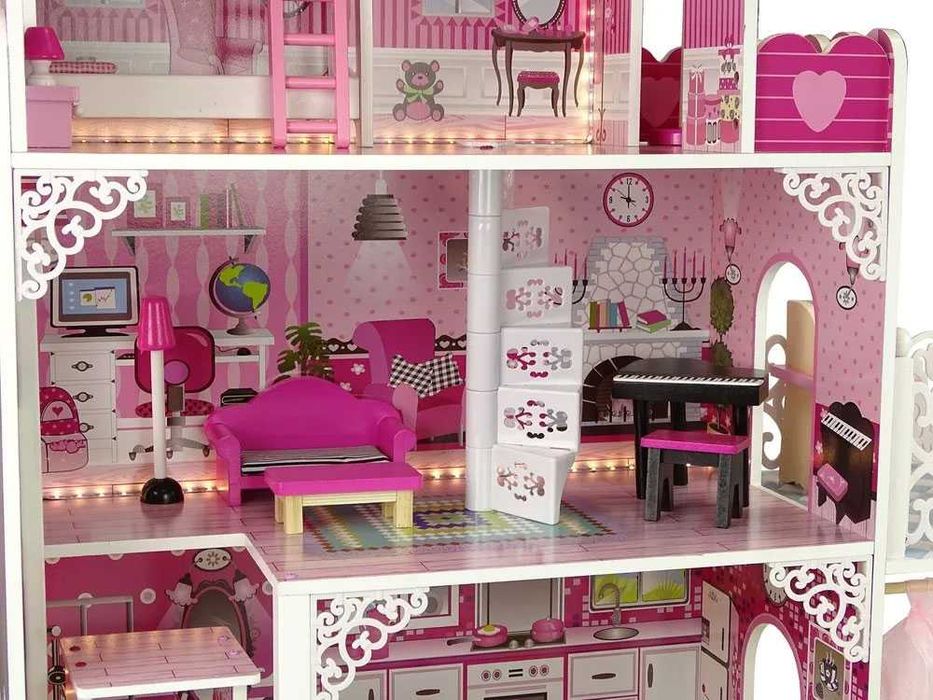 Drewniany domek dla lalek typu Barbie, Steffi Taras + Basen + LED