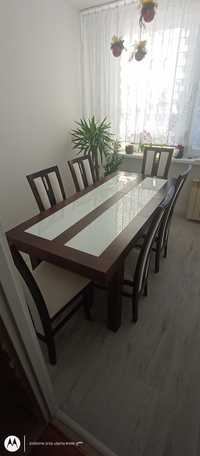 Stół drewno+białe szklo + 6 krzeseł komplet nówka