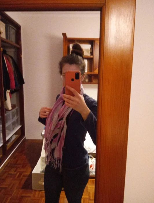 Lenço cachecol riscas rosa preto de linho Vintage