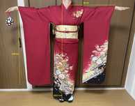 Japońskie kimono furisode + pas obi + sznur obijime + torebka