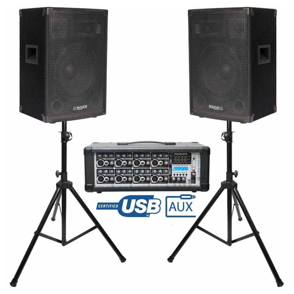 Sistema de Som Amplificado 1400W - 2 colunas c/ suporte + mesa mistura