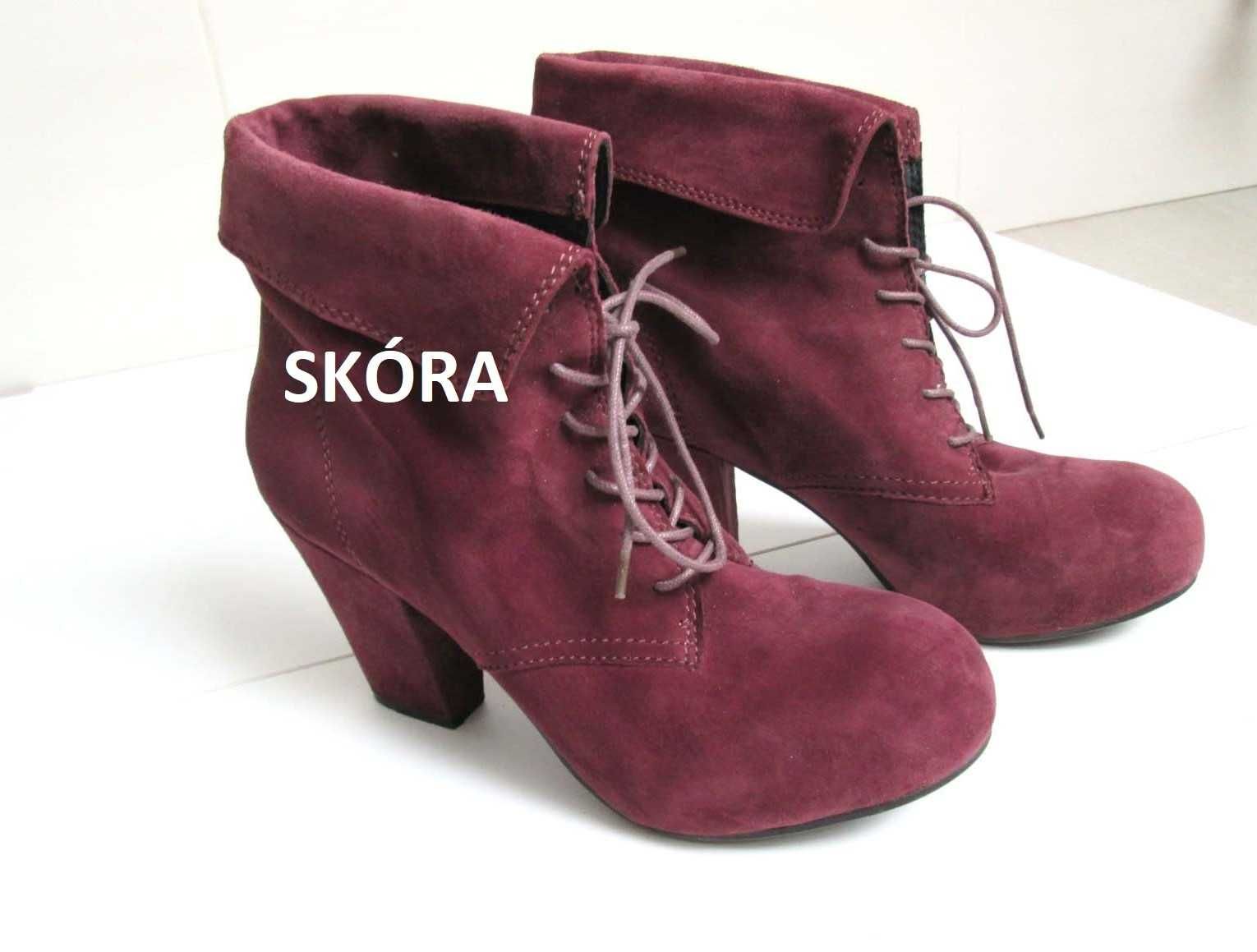 Oxmox bordowe skórzane zamszowe sznurowane botki skóra zamsz 41