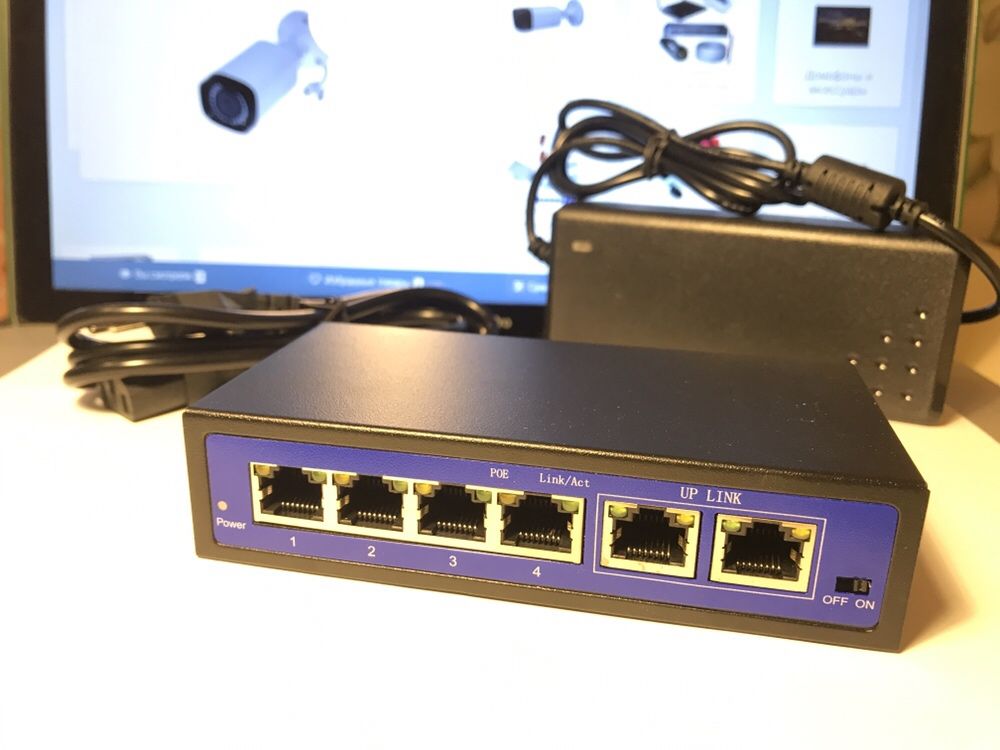 POE свич свитч на 6 портов для питания IP видеонаблюдения коммутатор
