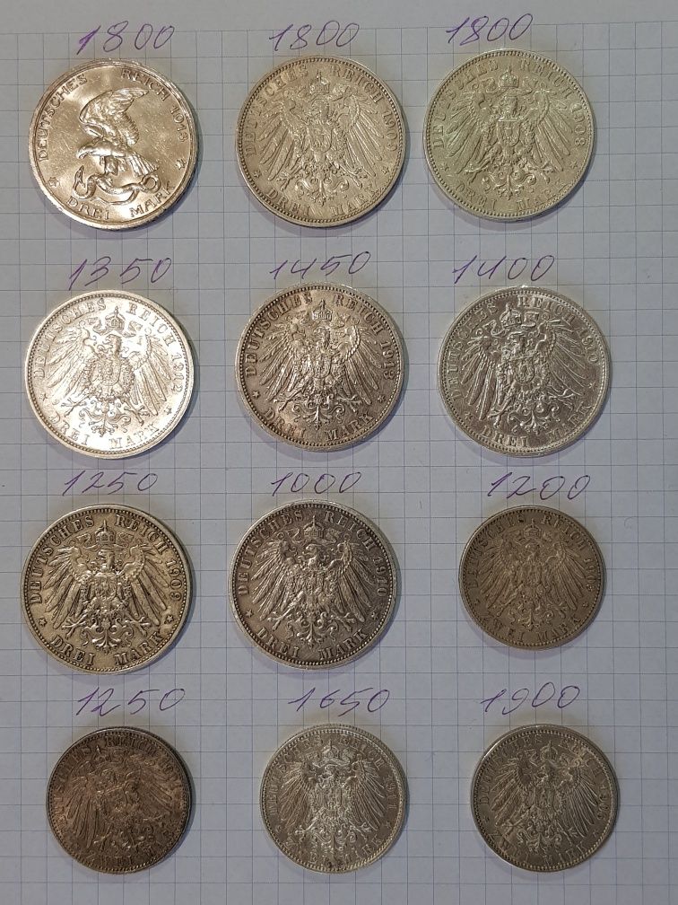 3 марки пруссия, серебряная монета