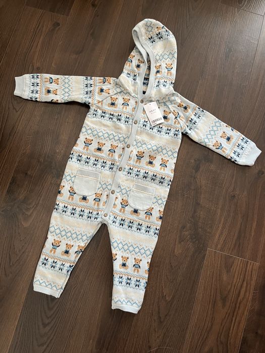 Błękitny rampers Next baby 12-18 mies/86cm miś długi rękaw kaptur