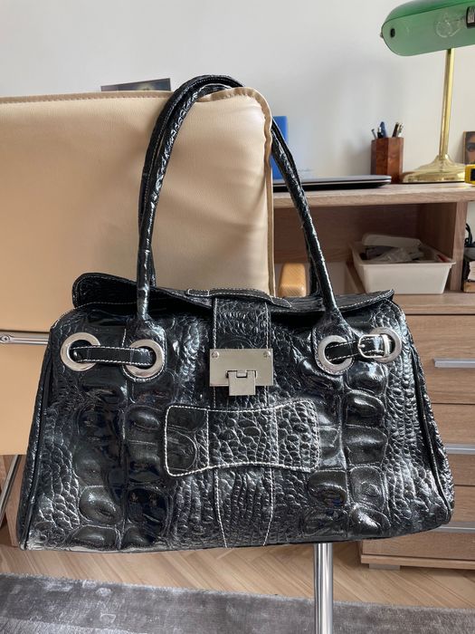 Torba skórzana włoska, dwie przegrody, zamki, zapinanie na klamrę