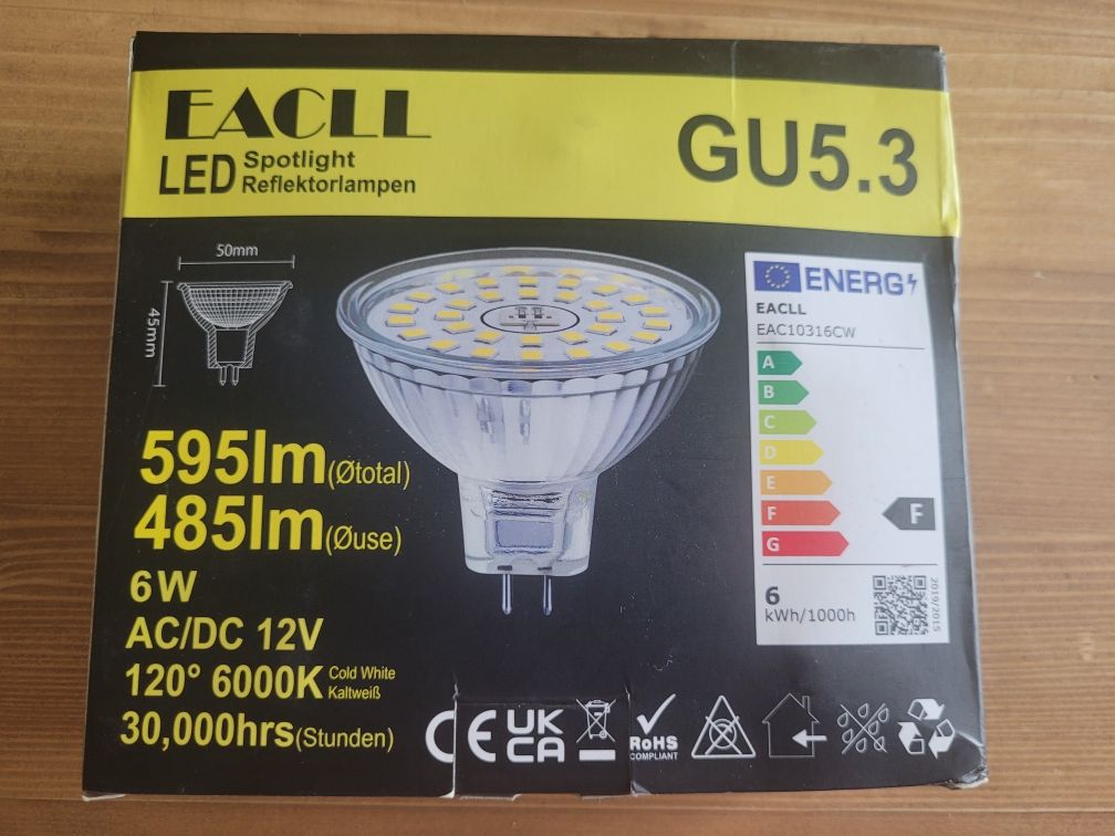 EACLL GU5.3 LED zimna biel 6 W zastępuje żarówkę halogenową MR16 50 W,