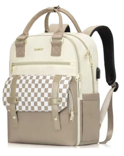 Plecak damski, na laptopa 15,6 cala z portem USB, beżowy