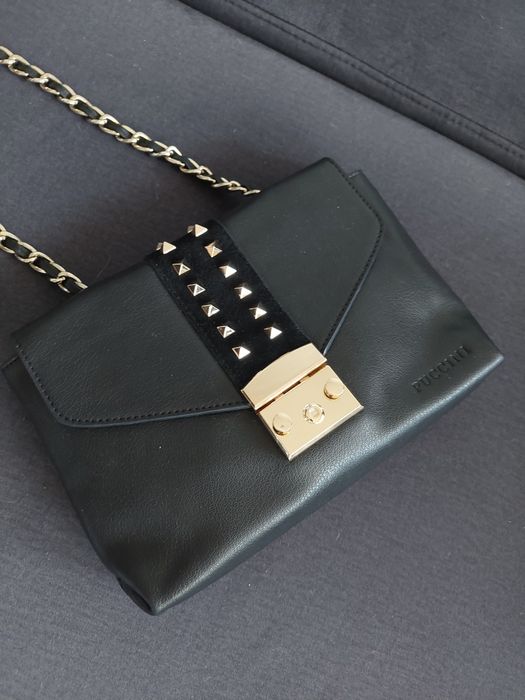 Torebka damska mała na ramię skórzana 100% Puccini ćwieki łańcuszek