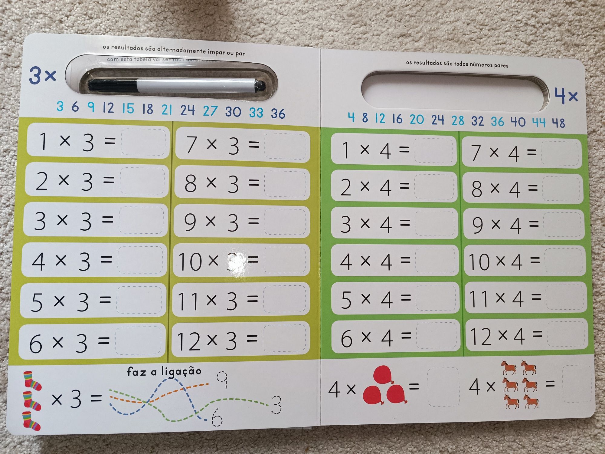 Livro escreve e apaga, contas de multiplicar