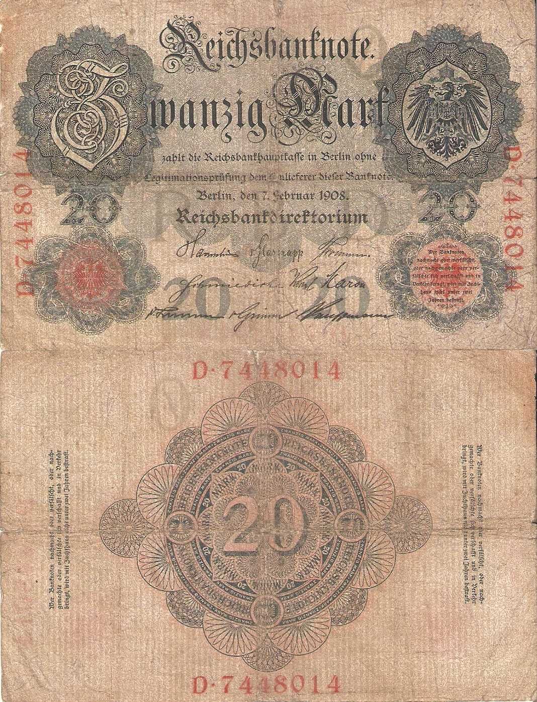 31. Stary banknot. 20 Marek 1908  wersja