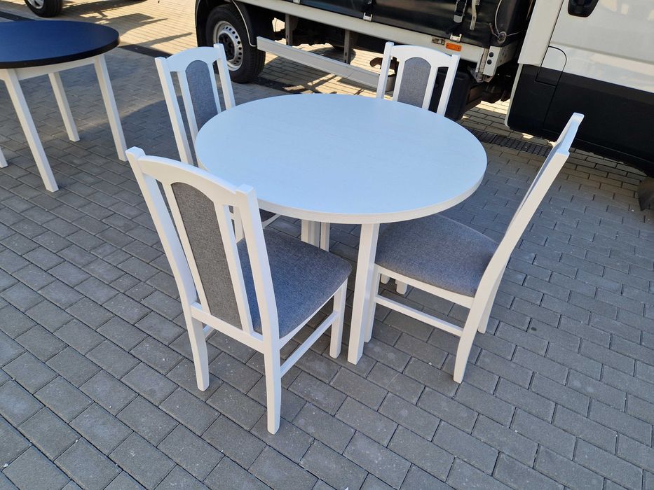 Nowe: Stół okrągły rozkładany + 4 krzesła , biały + szary , dostawa PL