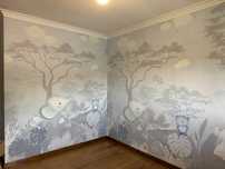 Colagem, aplicador, colocação, aplicação de papel parede