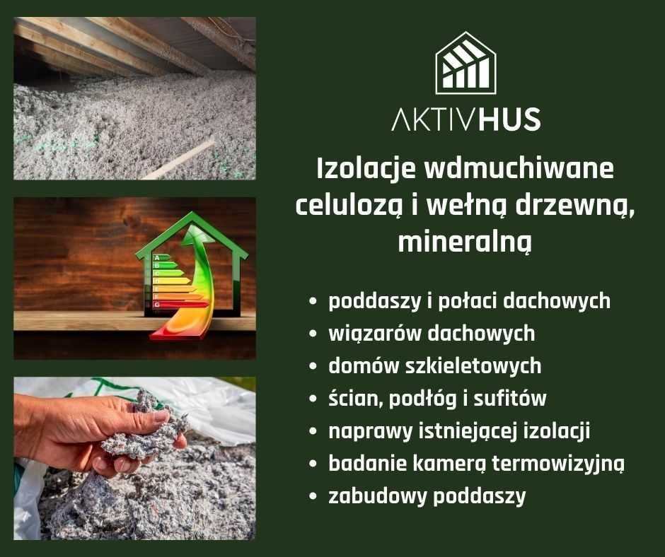 Wdmuchiwanie celulozy, wełny drzewnej, ocieplanie, izolacja poddaszy