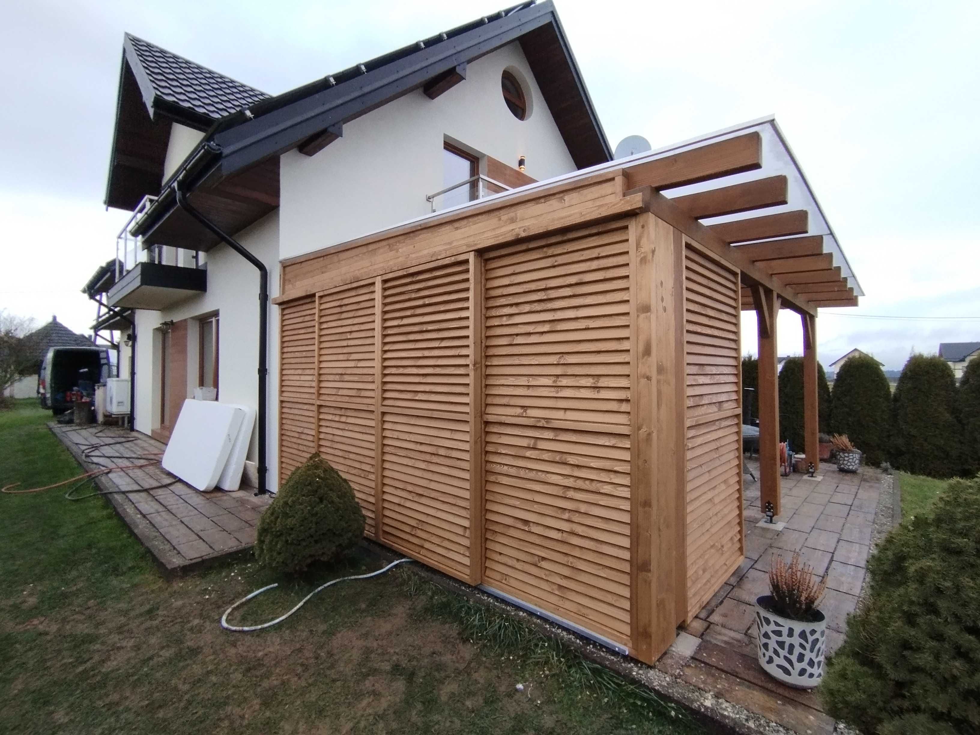 konstrukcje tarasowe , zabudowa żaluzjami z drewna , krycie poliwęglan