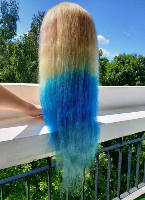 tęczowa kolorowa peruka z włosów naturalnych ludzkich