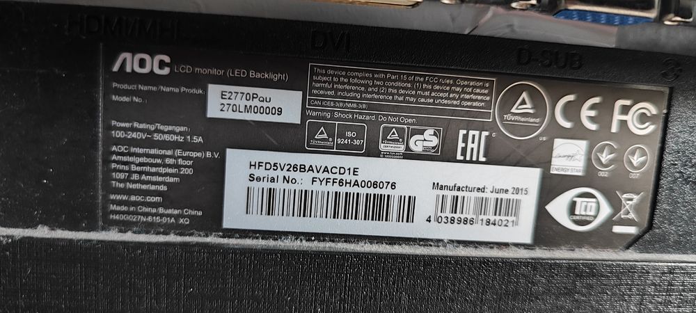 Monitor AOC 100-240V~50/60 Hz - duży pion/poziom