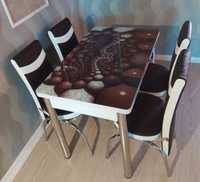 Кухонний обідній розсувний 3D стіл і стільці Обеденный стеклянный стол