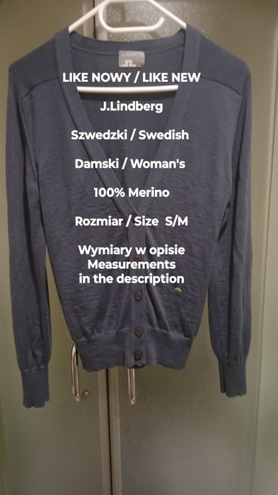 J.Lindberg  Damski szwedzki rozpinany sweter z wełny, 100% Merino, S/L