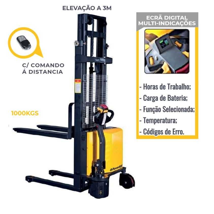 Empilhador Stacker Monta-cargas Elétrico Elev. 1000 kg a 3mts comando