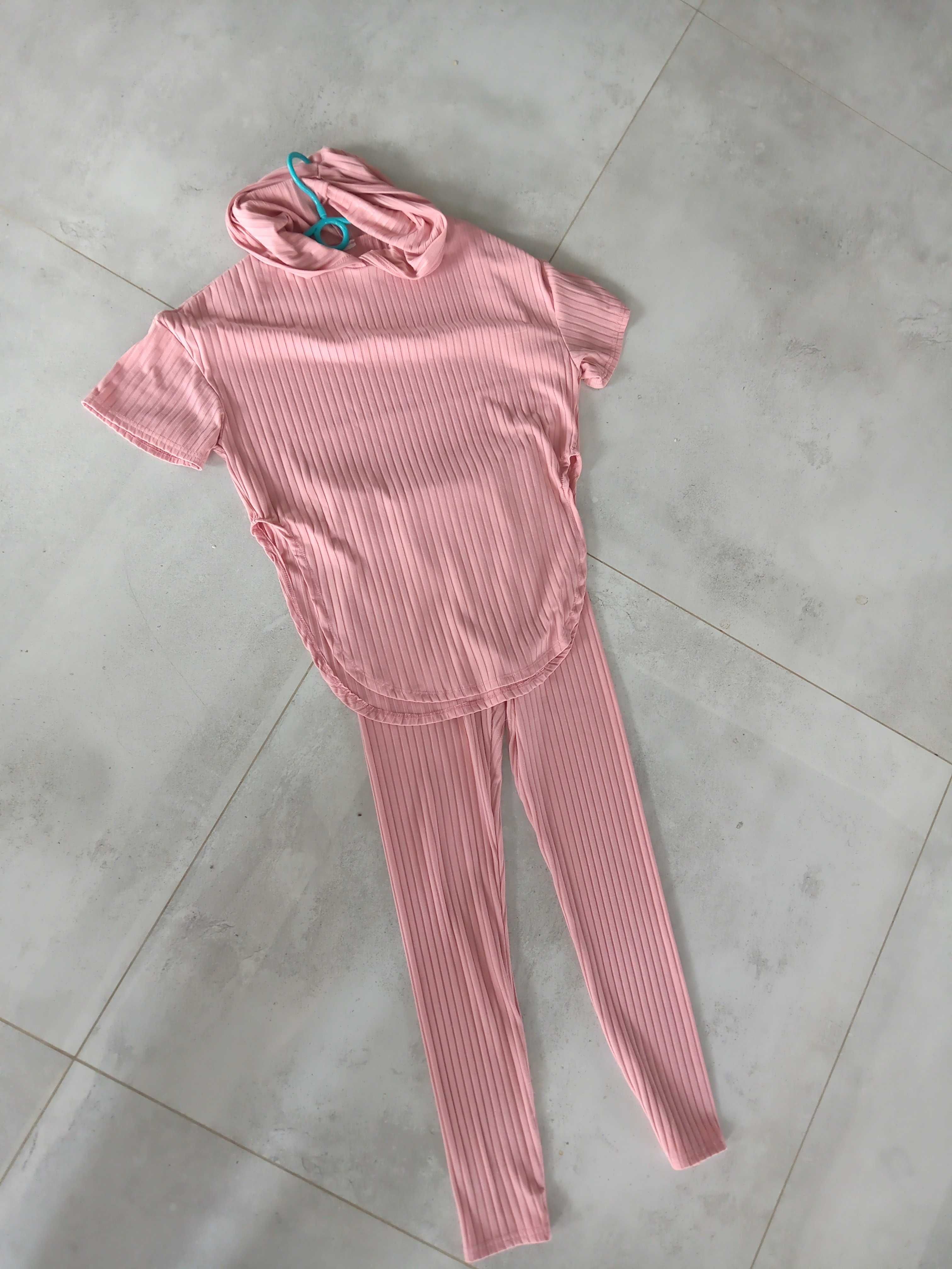 Komplet prążek damski leginsy bluza s/m pudrowy róż sportowy dres