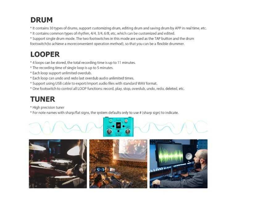 Педаль 2 в 1 Лупер+Drum машина на 30 пресетов MVAVE работает от TAPE C