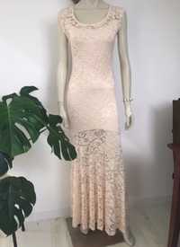Piękna brzoskwiniowa długa suknia koronkowa S/M