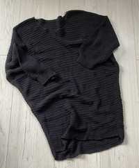 Długi czarny lekki ażurowy sweter dekolt łódka rękaw 3/4 rozmiar xs/s