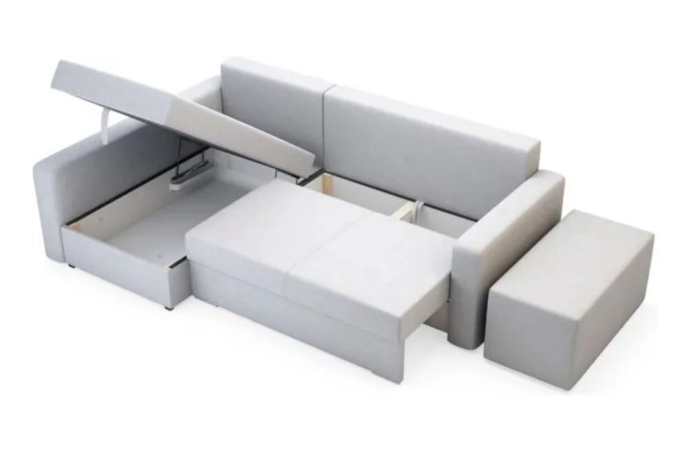 Narożnik z funkcją spania, 2 pojemniki, pufa