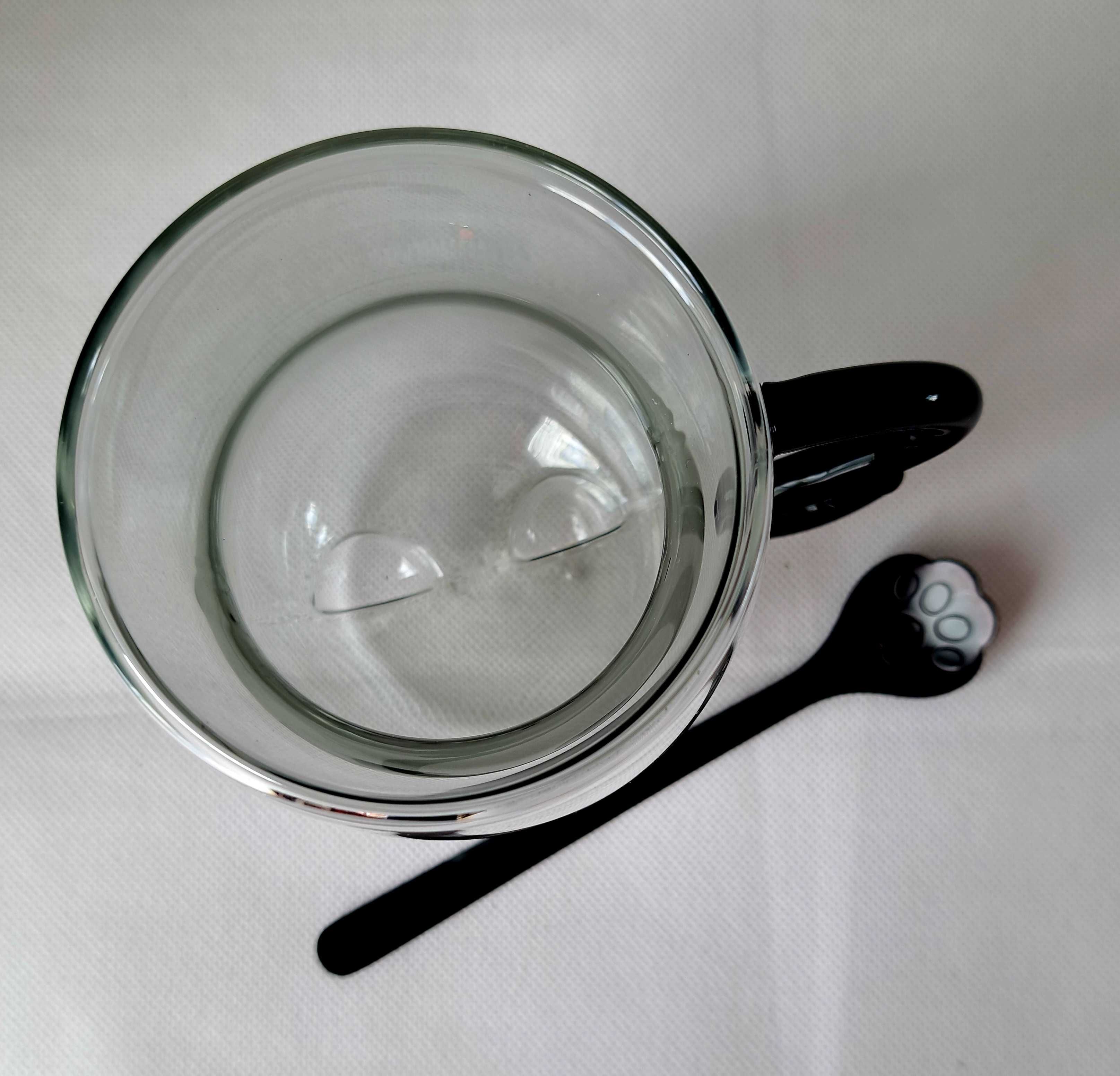 Belle Vous Kubek do kawy, podwójne szkło, wzór- kot + łyżeczka, 290 ml