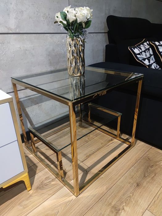 Stolik kawowy kwadrat złote ramy Glamour 60x60 szkło  Primavera