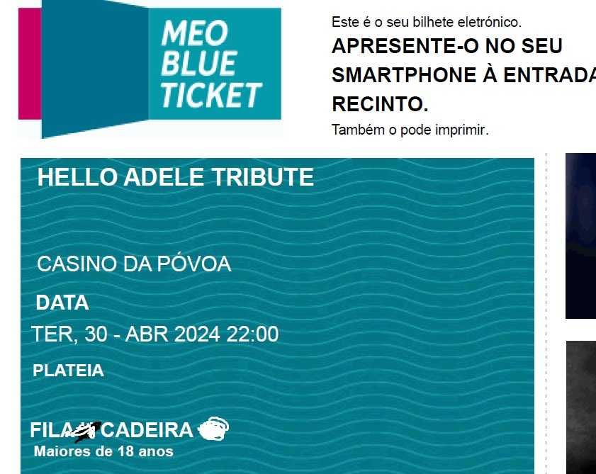 3 Bilhetes Concerto Adelle - Porto (Casino da Póvoa) - 30/04/2024