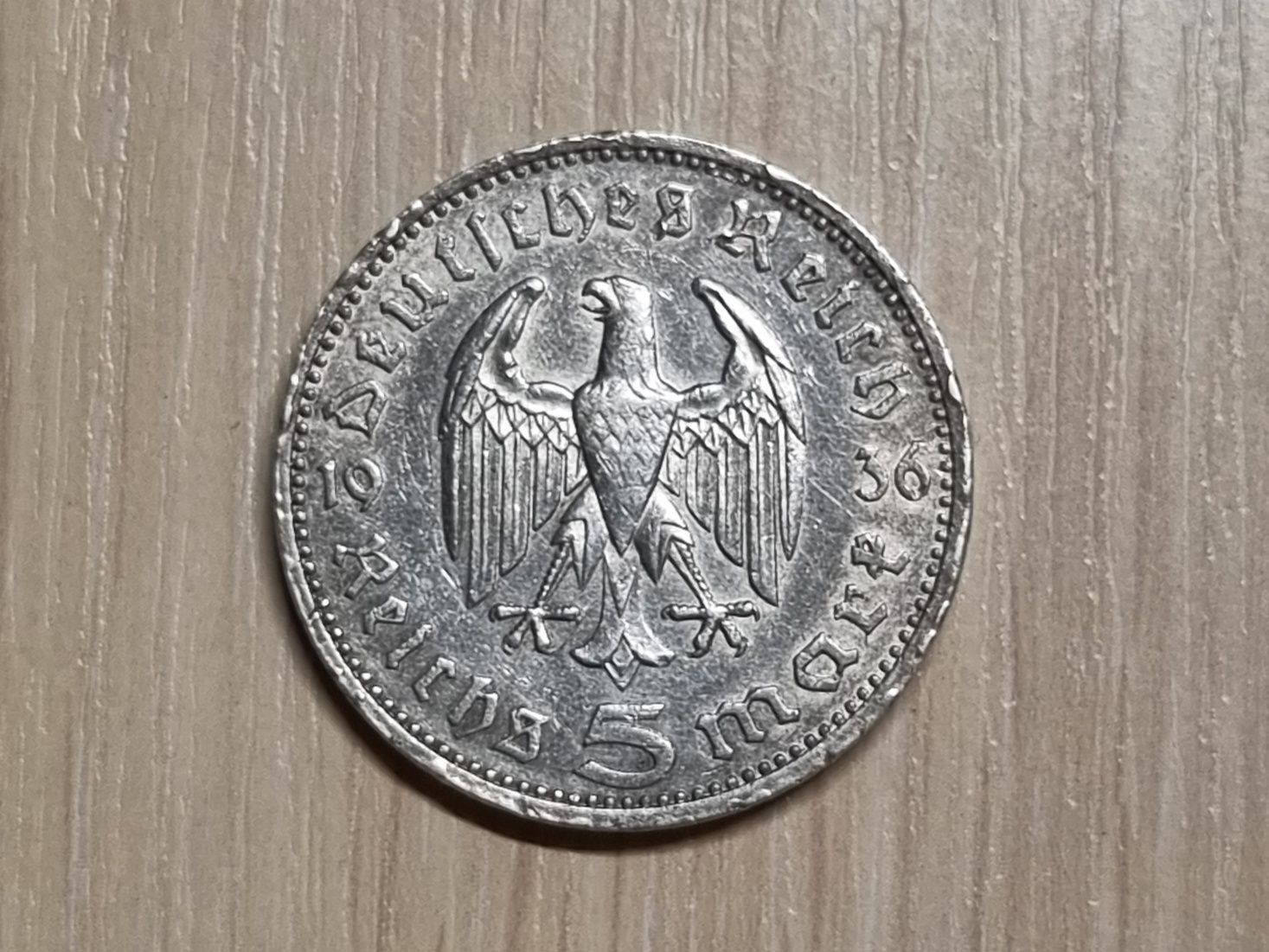 Монета 5 рейхсмарок 1936г., серия А, серебро