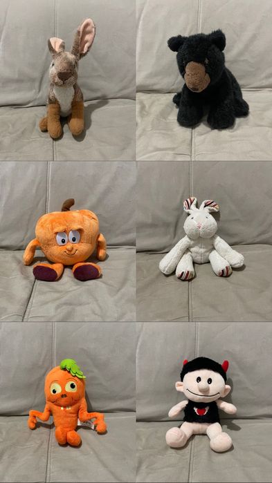 Мʼякі іграшки: медвідь, заєць, морква, чортик, звірі, овочі