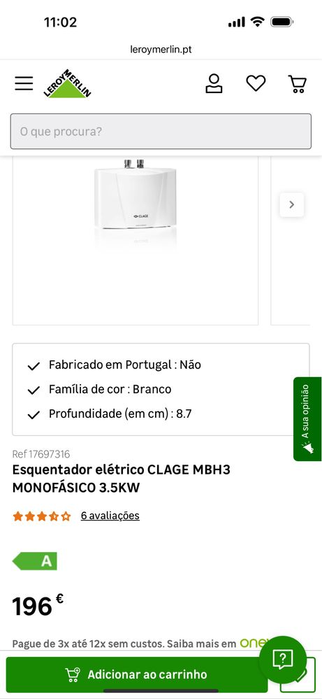 Esquentador elétrico CLAGE MBH3 MONOFÁSICO 3.5KW