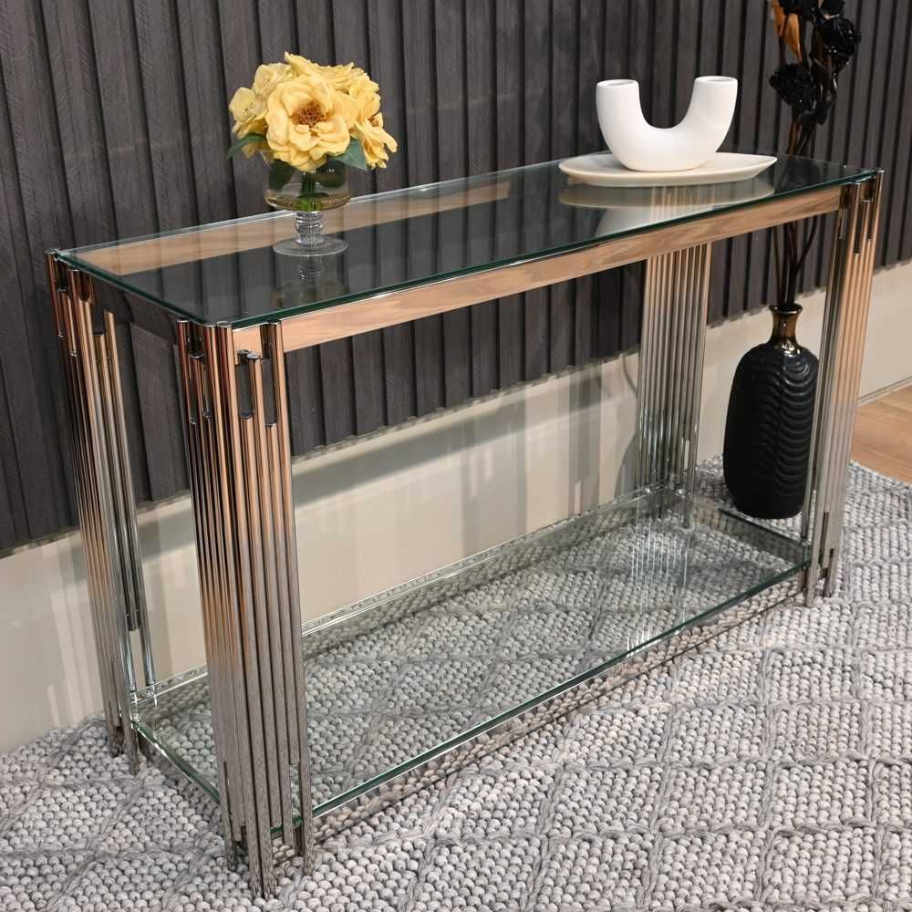 Stolik kawowy srebrny, glamour, blat przezroczysty lub dymiony 55 cm