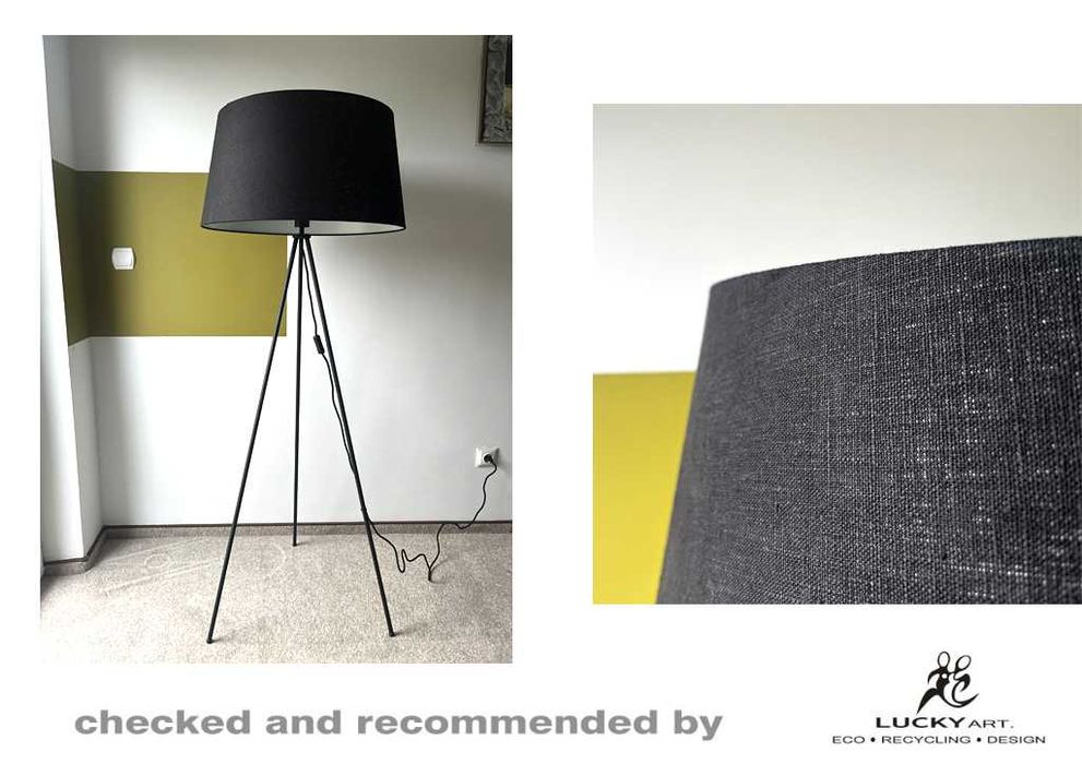 Lampa stojąca z dużym czarnym abażurem na trójnogu XL