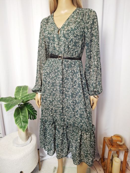 Ciemnozielona długa sukienka z długim rękawem elegancka M 38