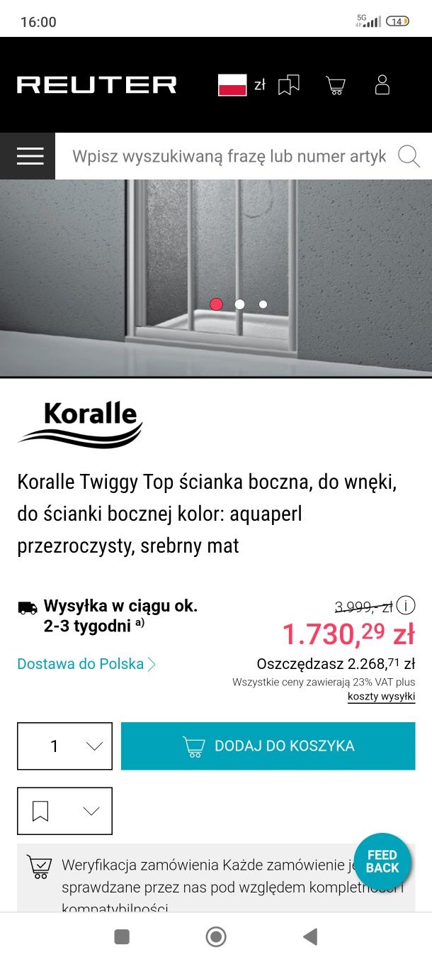 Drzwi prysznicowe Koralle Twiggy Top 120x185 cm pod brodzik 119-123cm