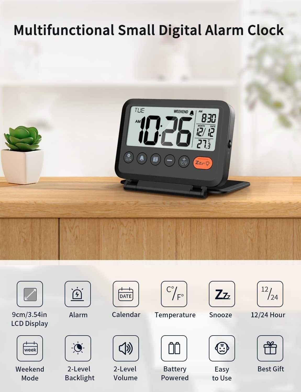 Cyfrowy budzik podróżny LCD data, temperatura,  zegar Alarm