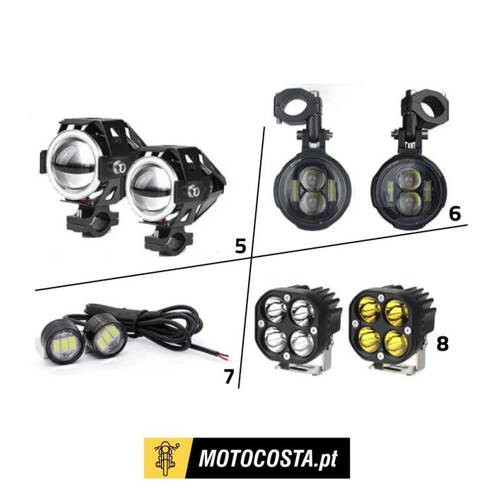 Faróis Auxiliares LED - Bifocais, com Halo e Suportes - MOTOCOSTA