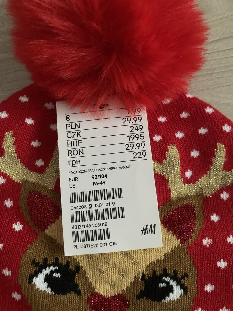 H&M czapka zimowa czerwona nowa 92 do 104