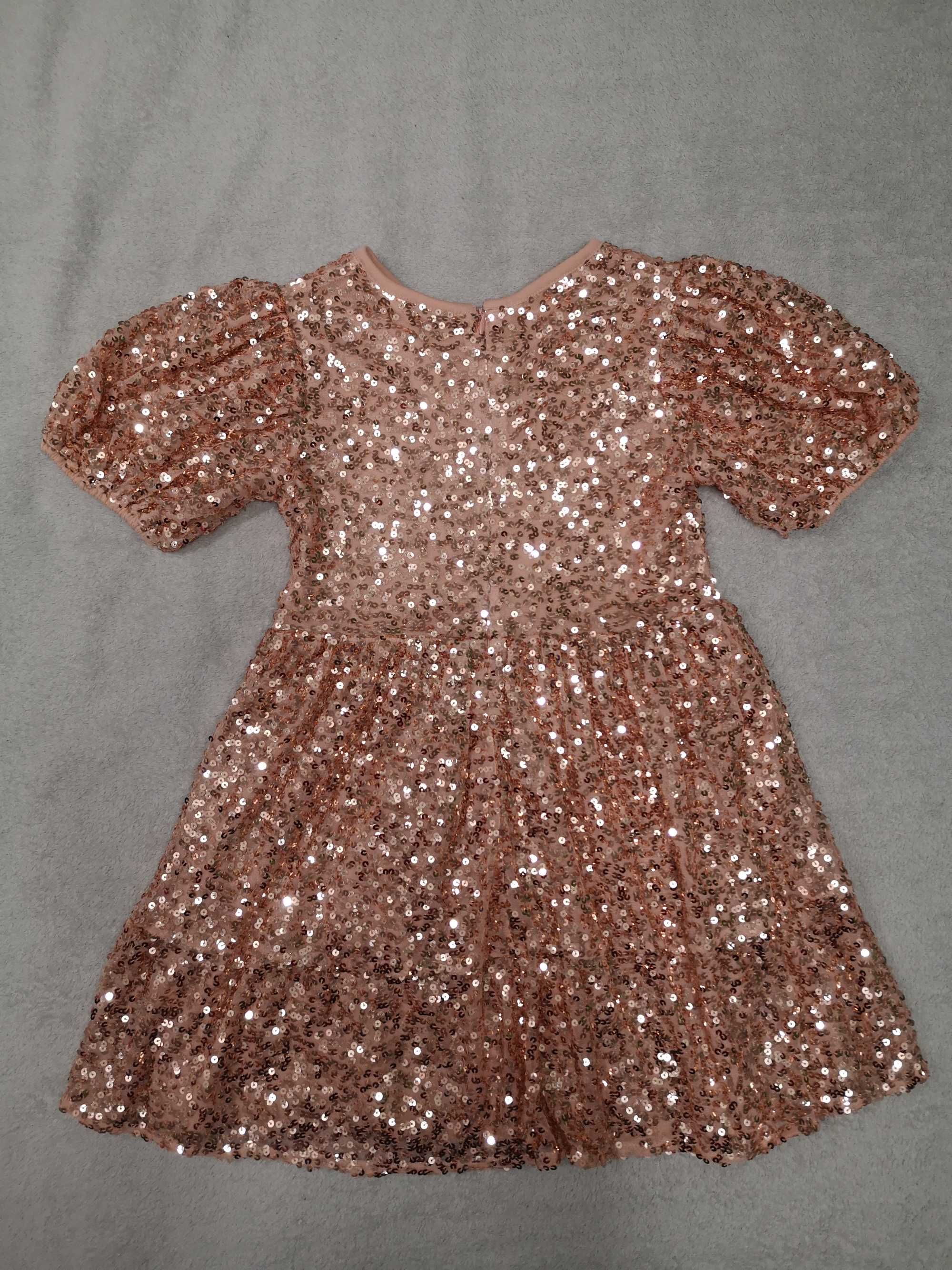 Łososiowa błyszcząca elegancka cekinowa sukienk Matalan 128 134 cekiny