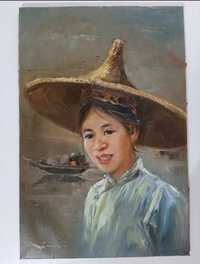 Retrato de menina sobre a paisagem do porto com barco de bambu