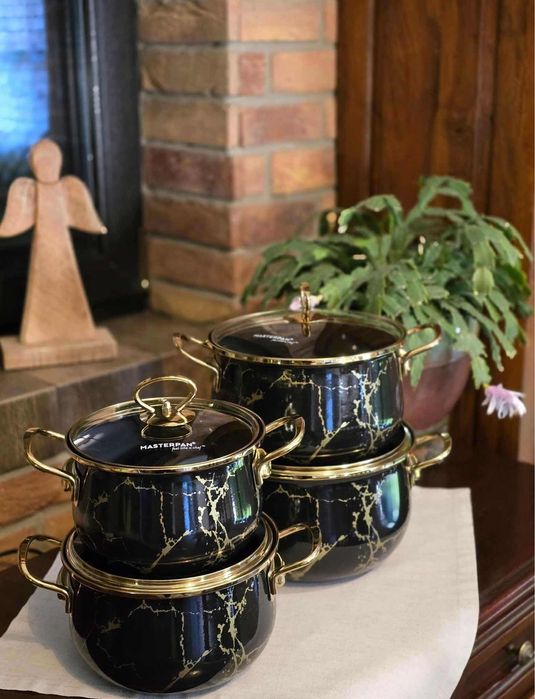 Garnki zestaw czarny złoty marmur