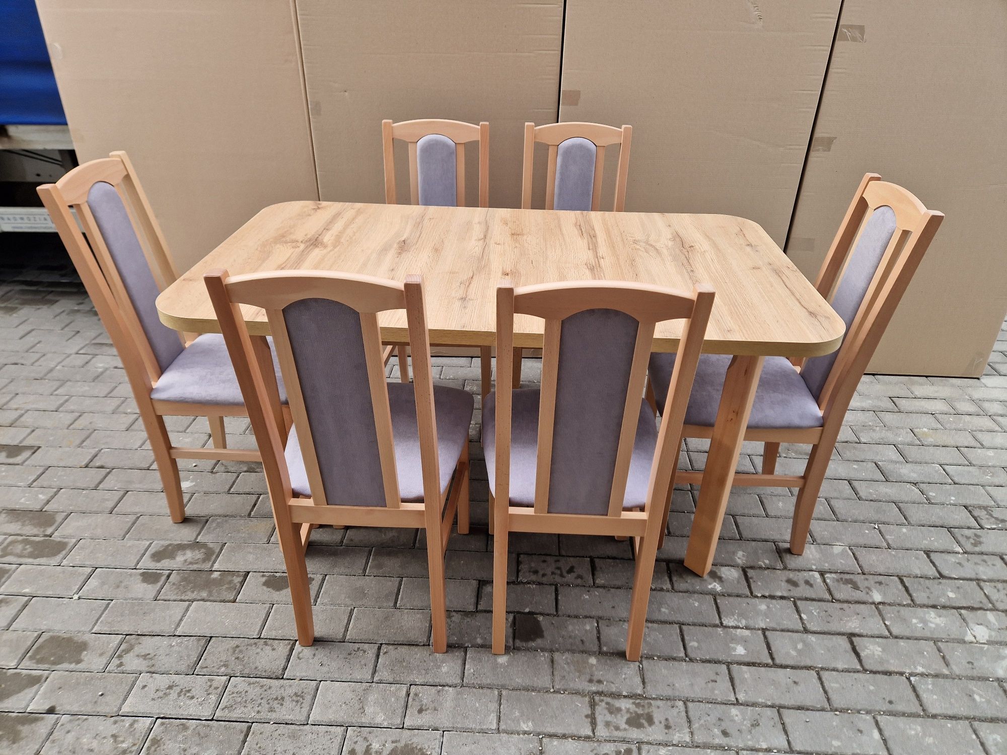 Nowe: Stół rozkładany + 6 krzeseł, buk/wotan + szary, dostawa PL