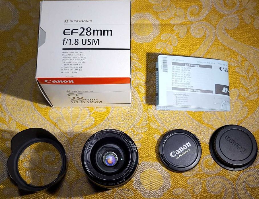 Canon EF 28mm F 1.8 USM - jak nowy, opakowanie, osłona p.słoneczna