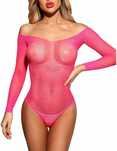 Seksowne siatkowe body z cyrkonią długi rękaw bodystocking różowy